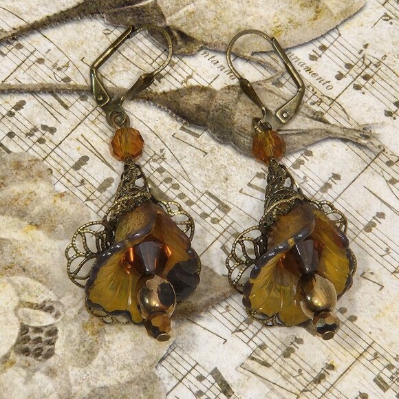 Camel Brown Gold Accent Hand Painted Lucite Flower Earrings, Crystal, Filigree - Picture 1 of 3